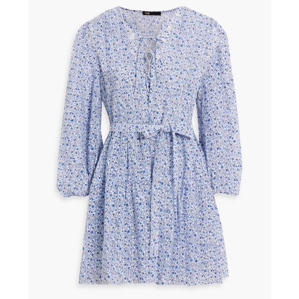 Rare Maje Burnout Romantic Garden Floral Long Sleeve Dress in Blue and White - Picture 3 of 8